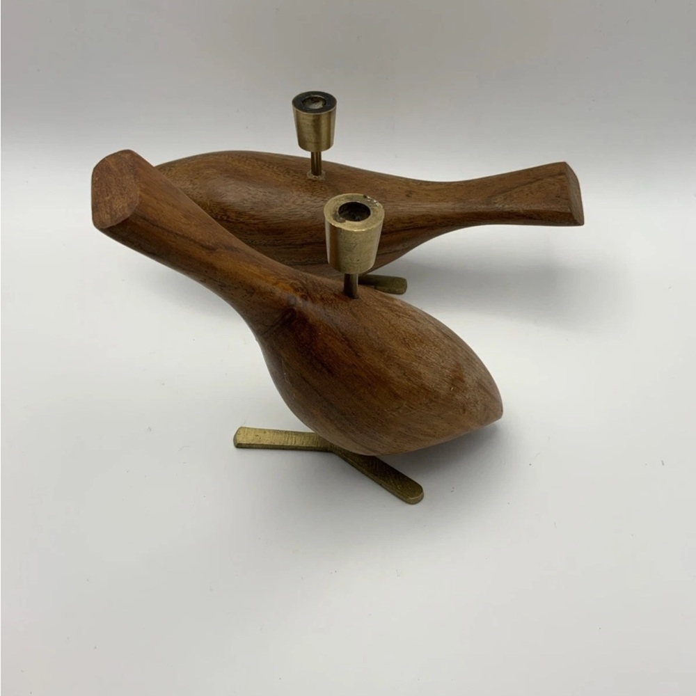 Wood Teak Danish Bird Candleholders With Brass Feet MCM - Picture 2 of 6